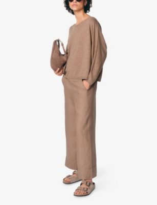 The White Company S Slash-neck Batwing-sleeve Cotton And Linen-blend Jumper Mouse Xl In Neutral