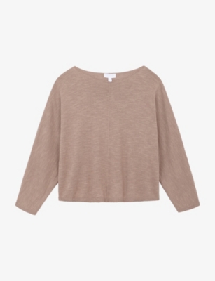 The White Company S Slash-neck Batwing-sleeve Cotton And Linen-blend Jumper Mouse Xl In Neutral