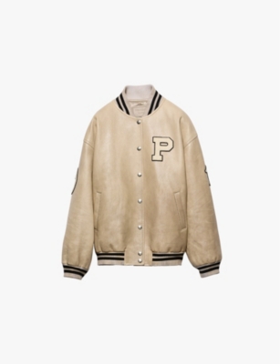 Prada Womens Neutral Patch-motif Relaxed-fit Leather Bomber Jacket