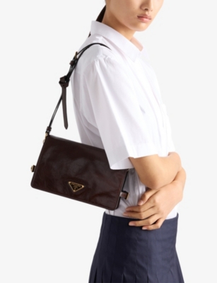 Prada Womens Brown Logo-badge Leather Shoulder Bag In Brown