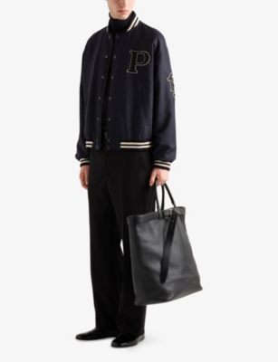 PRADA MENS BLUE LOGO-PATCH MOHAIR-WOOL VARSITY BOMBER JACKET 