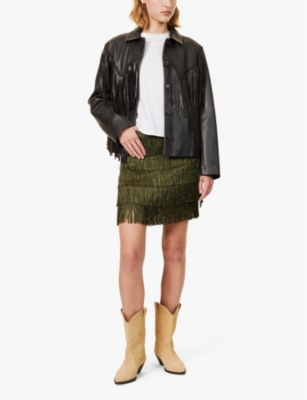 WEEKEND MAX MARA OMENS JOYROAD BY LUCY HALE X WEEKEND MAX MARA GARONNA BEADED TASSEL WOVEN MINI SKIRT KAKI 