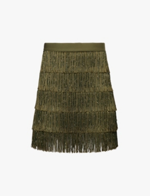 WEEKEND MAX MARA OMENS JOYROAD BY LUCY HALE X WEEKEND MAX MARA GARONNA BEADED TASSEL WOVEN MINI SKIRT KAKI 