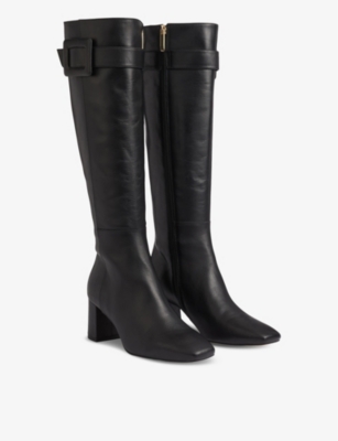Lk Bennett Womens Carlotta Buckle-embellished Heeled Leather Knee-high Boots Bla-blac In Bla-black