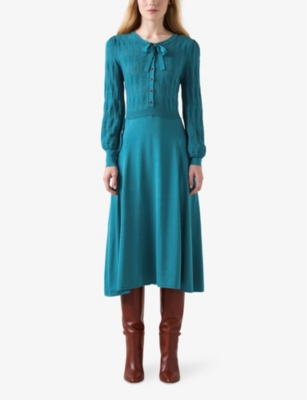 Shop Lk Bennett Womens Susannah Tie-neck Knitted Midi Dress Blu-teal