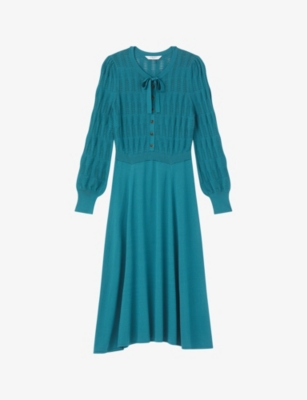 Shop Lk Bennett Womens Susannah Tie-neck Knitted Midi Dress Blu-teal