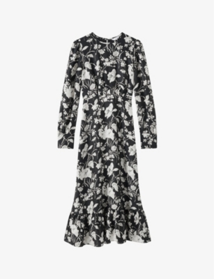 Lk Bennett Womens  Winona Meadow-print Woven Midi Dress In Mul-black/cream