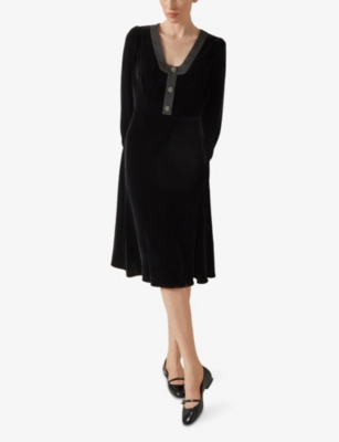 Lk Bennett Womens  Cordelia Satin-trim Velvet Midi Dress In Bla-black