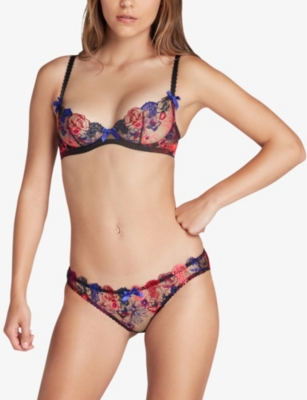 Shop Agent Provocateur Womens Blue/pink/black Zuri Lace-embroidered Plunge Woven Underwired Bra