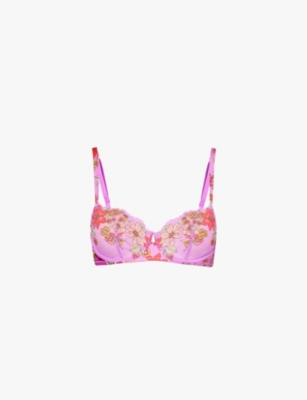 Savage X Fenty Womens Heavy Pink Flrl Ply Lce Mod Poppy Unlined Lace Balconette Stretch-lace Bra