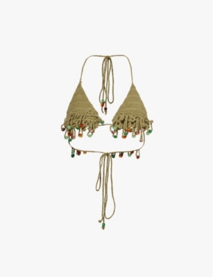 Jaded London Womens Green Canary Beaded-trim Cotton-blend Bikini Top