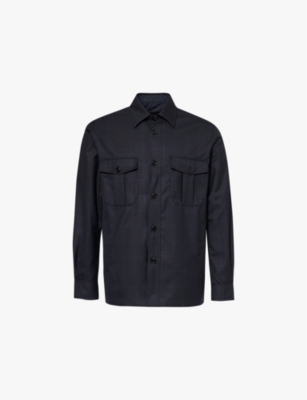 DUNHILL MENS CHECK-PRINT REVERSIBLE REGULAR-FIT WOOL SHIRT MIDNIGHT 