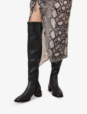 Allsaints Womens Black Avril Knee-high Block-heel Leather Boots In Black