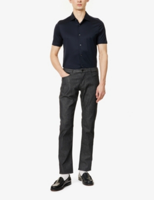 EMPORIO ARMANI: Short-sleeves embossed-branding regular-fit woven-blend shirt
