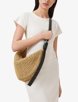 Allsaints Half Moon Straw Textured Shoulder Bag In Natural Brown