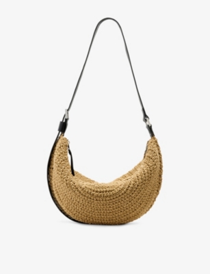 Allsaints Half Moon Straw Textured Shoulder Bag In Natural Brown
