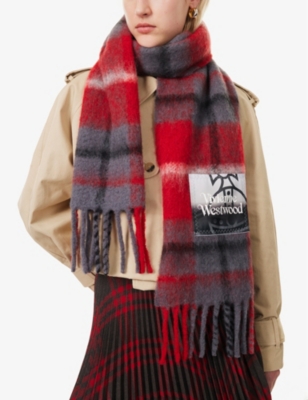 VIVIENNE WESTWOOD: Tartan brand-patch alpaca-blend knitted scarf