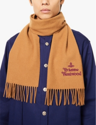 VIVIENNE WESTWOOD: Embroidered fringed wool scarf