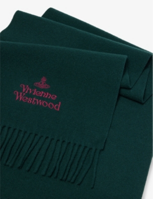 Vivienne Westwood Mens Dark Green Embroidered Fringed Wool Scarf In Dark Green