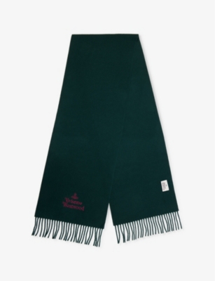 Vivienne Westwood Mens Dark Green Embroidered Fringed Wool Scarf In Dark Green