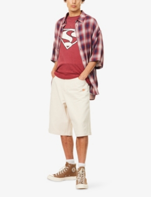 Saint Mxxxxxx Saint Superman Distressed Paint-splattered Printed Cotton-jersey T-shirt In Red