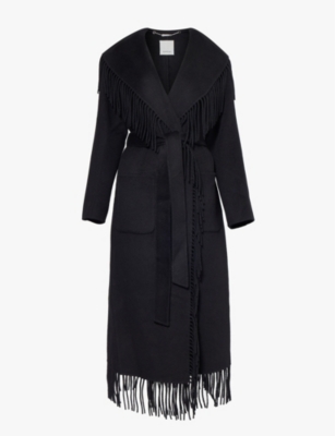SIMKHAI: Carrie fringe-trim wool-blend robe coat