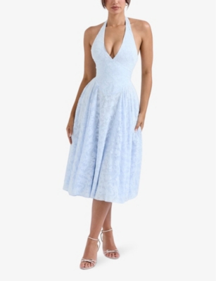 HOUSE OF CB: Arietta halter-neck jacquard woven midi dress