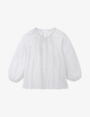The White Company S Striped Tie-neck Cotton Blouse Whiteblack In Whiteblack