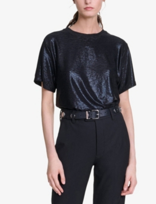 Maje Womens  Round-neck Stretch-woven T-shirt In Noir / Gris