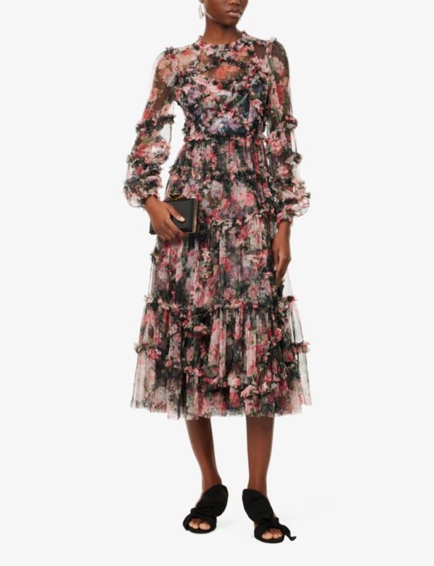Midnight Dance frilled-trim recycled-nylon midi dress