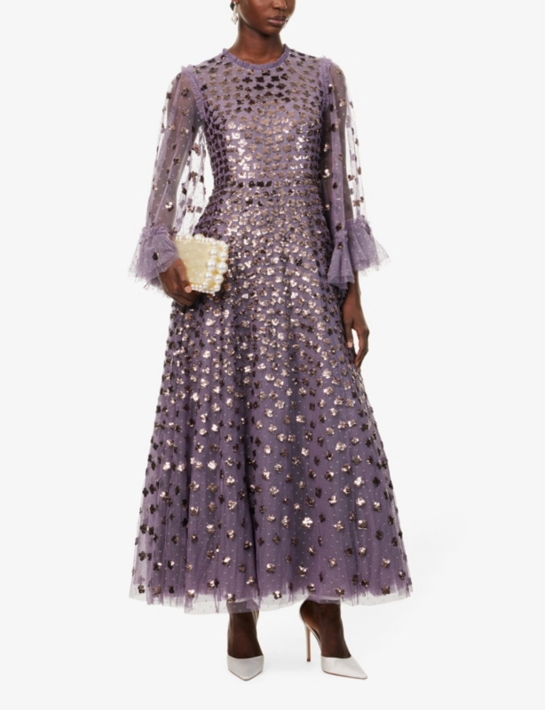 Glisten long-sleeve sequin woven gown