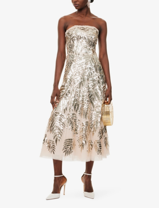 Feather sequin-embellished woven midi dress