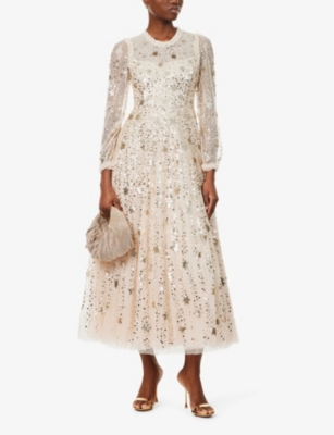 NEEDLE & THREAD WOMENS DUST BEIGE/ SILVER SHOOTING STARS SEQUIN EMBELLISHED RECYCLED-POLYESTER MIDI DRESS 