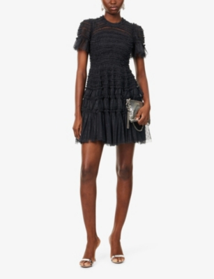 NEEDLE & THREAD WOMENS GRAPHITE VALENTINE FRILLED-TRIM RECYCLED-POLYESTER MINI DRESS 