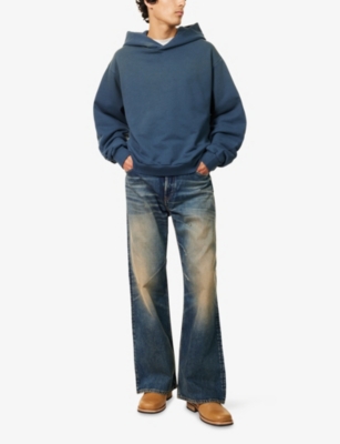 Acne Studios Mens Logo Distressed Relaxed-fit Cotton-blend Hoody Deep Blue