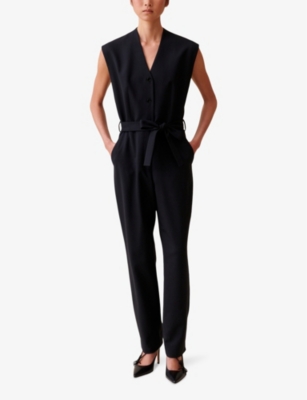 Claudie Pierlot Wool-blend Belted Jumpsuit In Noir / Gris