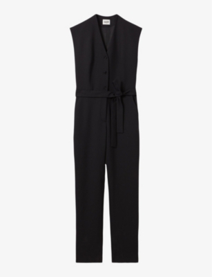 Claudie Pierlot Wool-blend Belted Jumpsuit In Noir / Gris