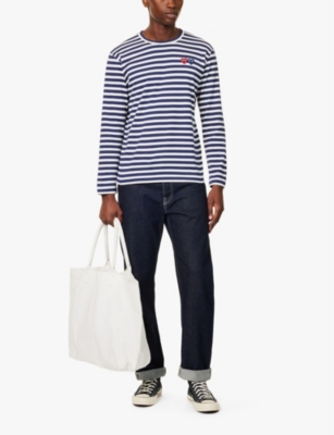 Comme Des Garçons Play Comme Des Garcons Play Navy Stripe Double Heart Long Sleeve T-shirt In Navy