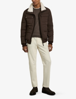 REISS: Misty faux-fur collar woven puffer jacket