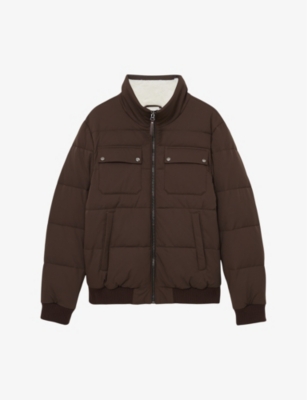 REISS: Misty faux-fur collar woven puffer jacket