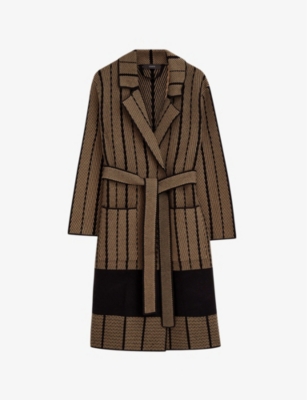 JOSEPH WOMENS BLACK/OAK CHEVRON-JACQUARD KNITTED MERINO-WOOL COAT 