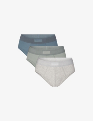 Skims Mens Mineral Multi Branded-waistband Pack Of Three Stretch-cotton Briefs In Mineral Multi
