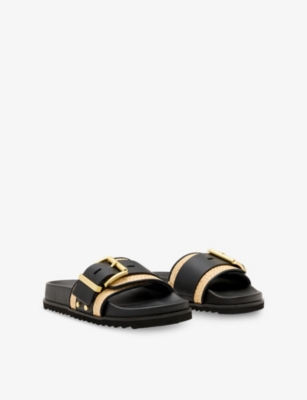 Allsaints Ellie Studded Buckle Leather Sliders In Natural/black