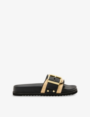 Allsaints Ellie Studded Buckle Leather Sliders In Natural/black