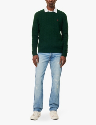 Shop Polo Ralph Lauren Mens Logo-embroidery Cable-knit Wool And Cashmere-blend Knit Jumper Moss Agate Xxl