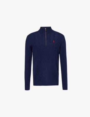 Shop Polo Ralph Lauren Mens Hunter Navy Zip-front Cable-knit Wool And Cashmere-blend Knit Jumper