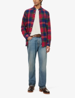 Shop Polo Ralph Lauren Mens  Check-print Flannel Cotton Shirt In Royal Red Multi