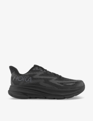 Hoka Mens  Clifton 9 Logo-print Woven Low-top Trainers In Black Black