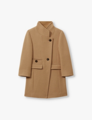 Shop Reiss Camel Double-breasted Funnel-neck Wool-blend Coat 9-13 Y