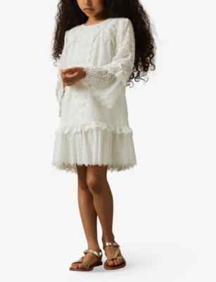 Shop Reiss Ivory Zadie Long-sleeved Lace Dress 9-13 Y